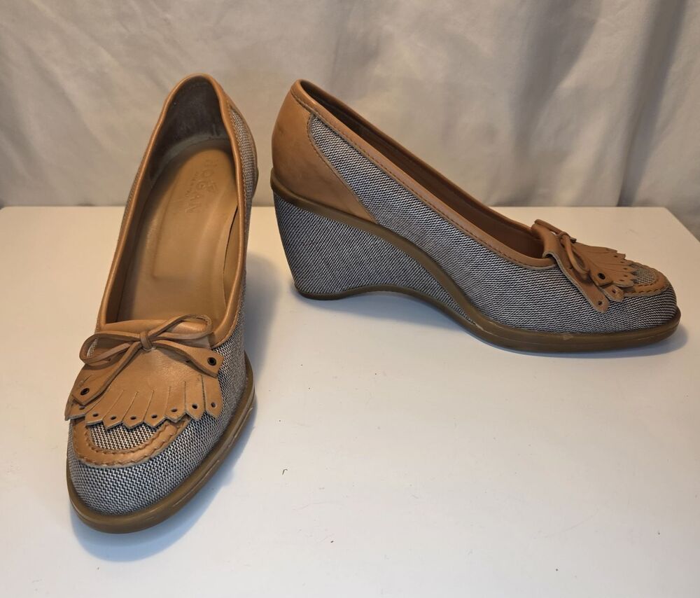 Hogan Brown Canvas & Leather Nieman Marcus Wedges Womens Size 8 Made in Italy
